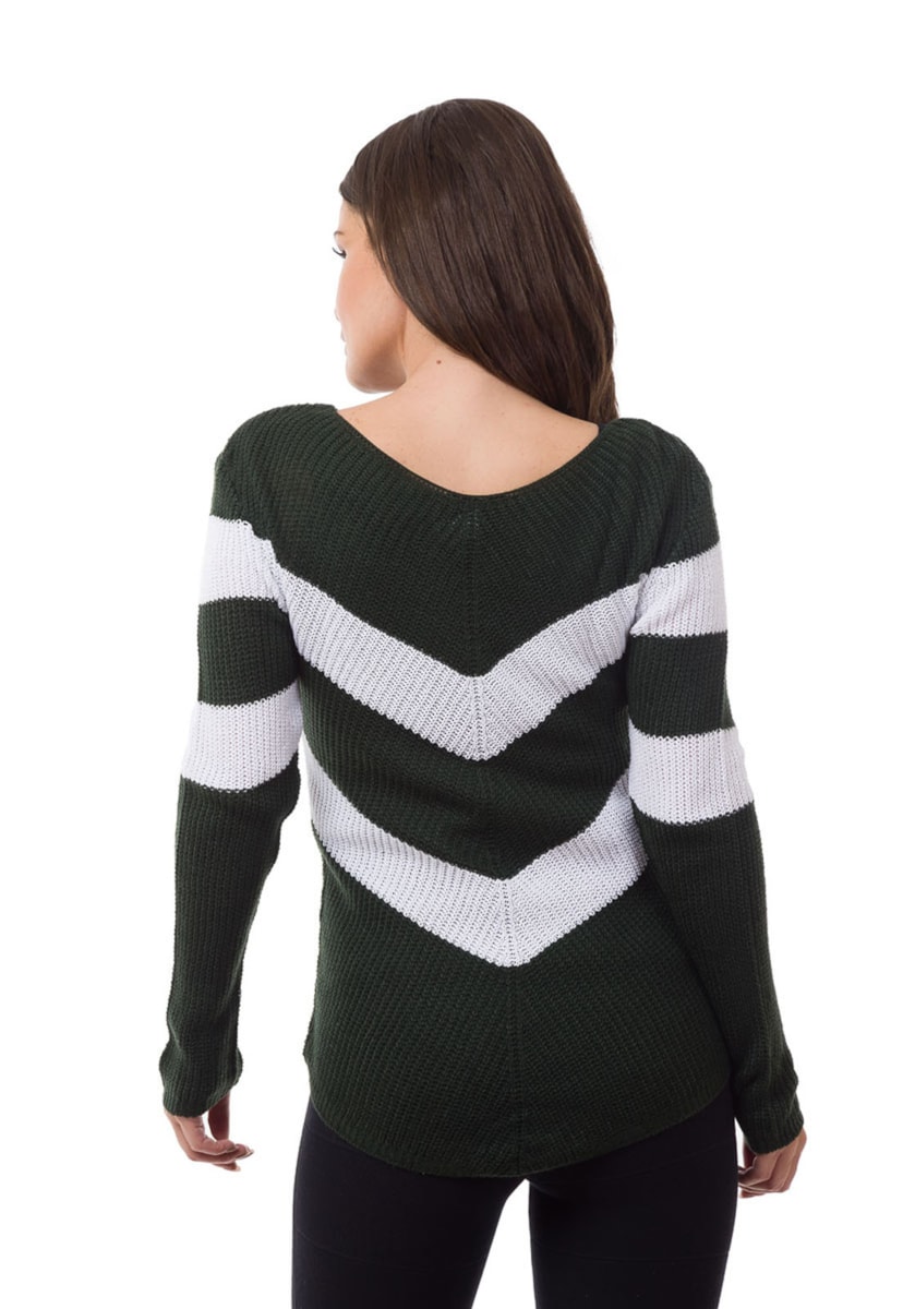 Tricô Blusa Pink Tricot Feminina Listrada em V Verde com Branco