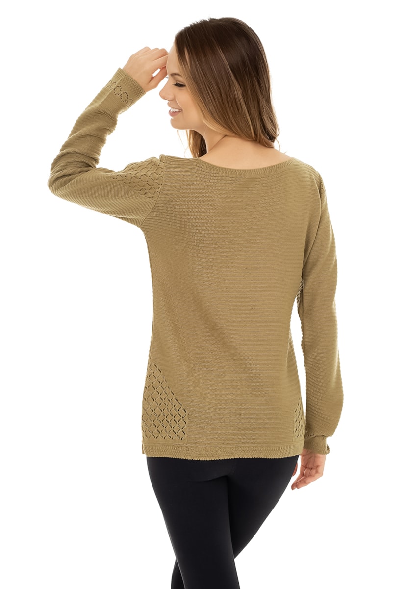 Tricô Blusa Pink Tricot Feminina Manga Longa Gola Redonda Com Renda Dourado