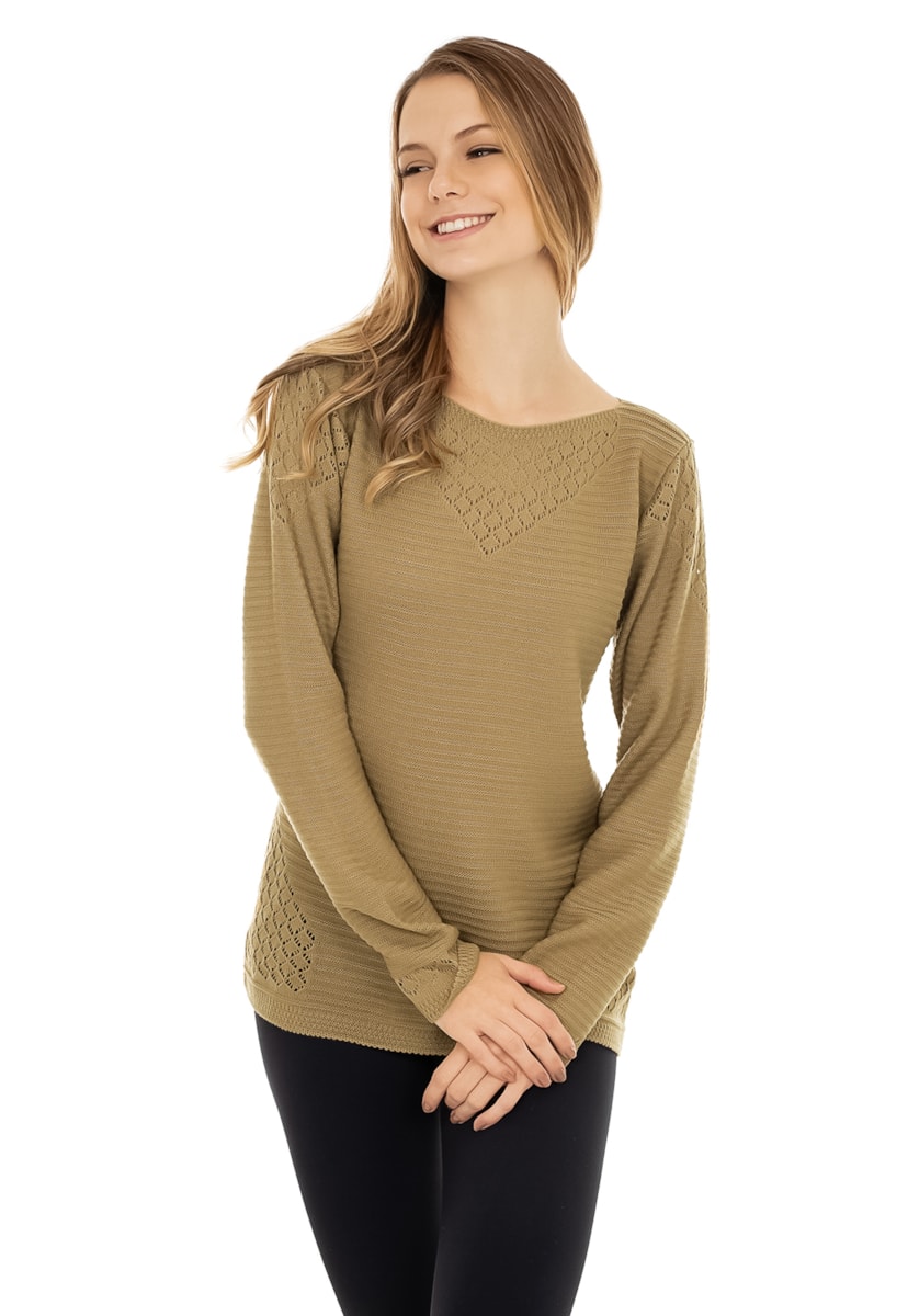 Tricô Blusa Pink Tricot Feminina Manga Longa Gola Redonda Com Renda Dourado