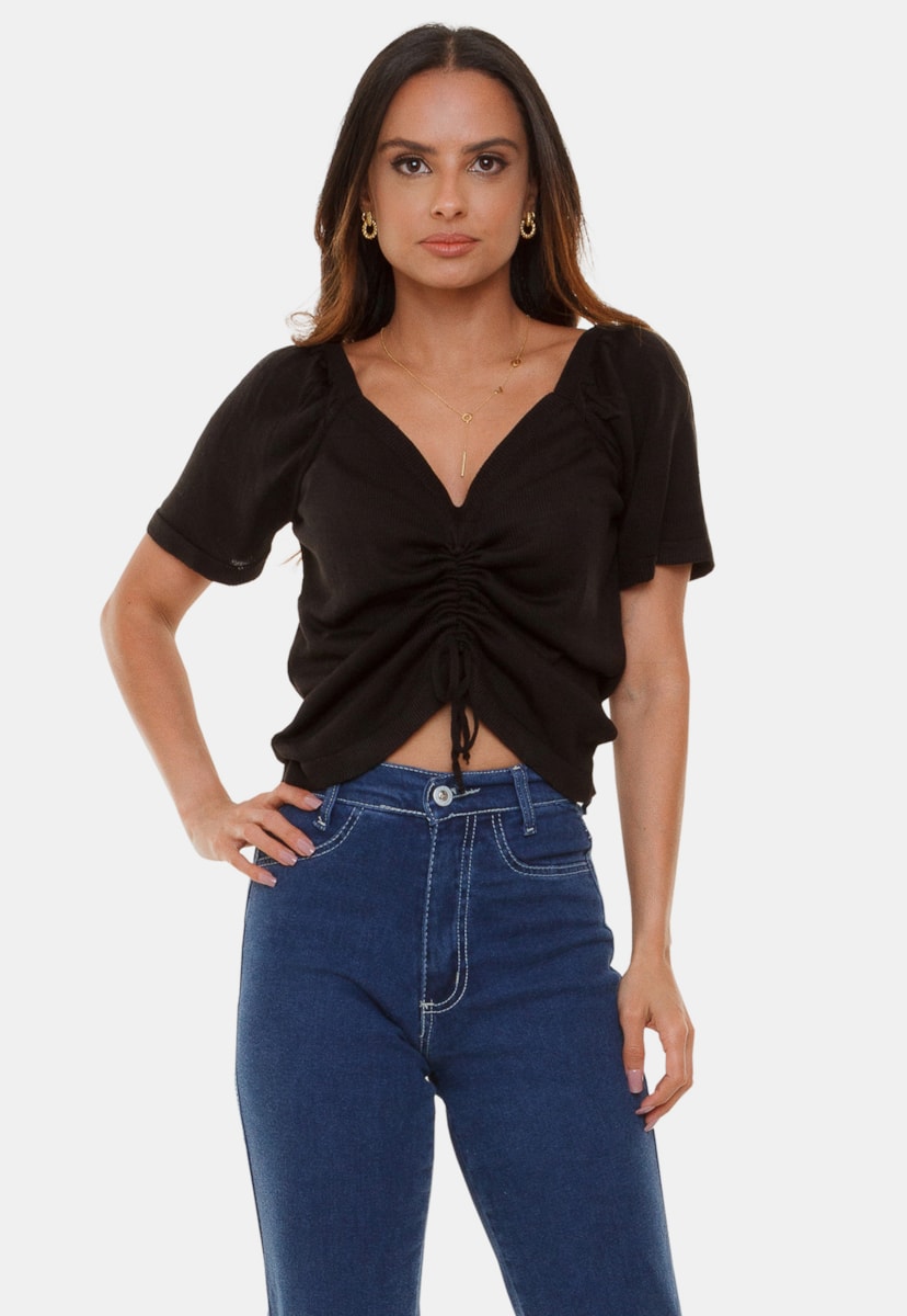 Tricô Blusa Pink Tricot Isadora Com Cordão Franzido e Amarração na Frente e Manga Curta Feminina Preto