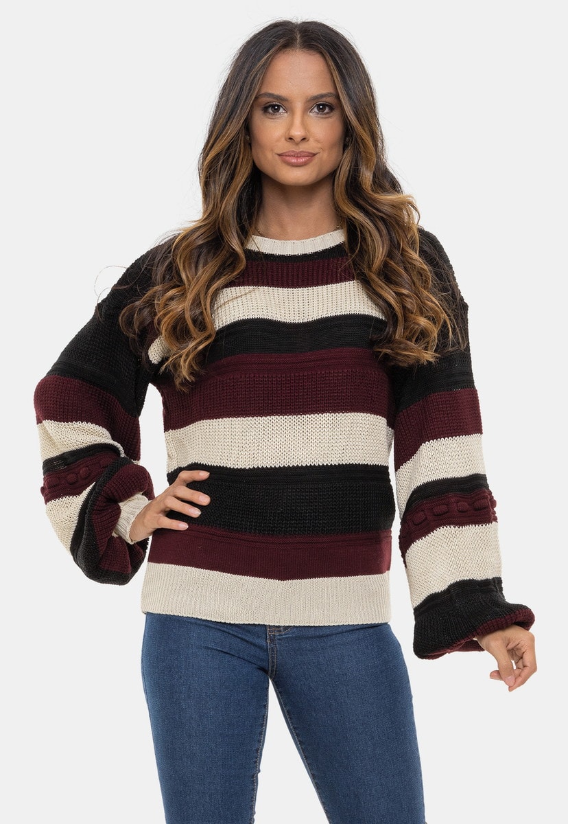 Tricô Blusa Pink Tricot Listrada Rachel de Tricô Fang Manga Longa Feminina Bege/Preto