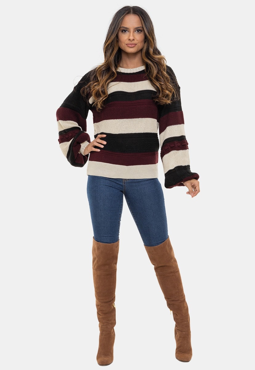 Tricô Blusa Pink Tricot Listrada Rachel de Tricô Fang Manga Longa Feminina Bege/Preto