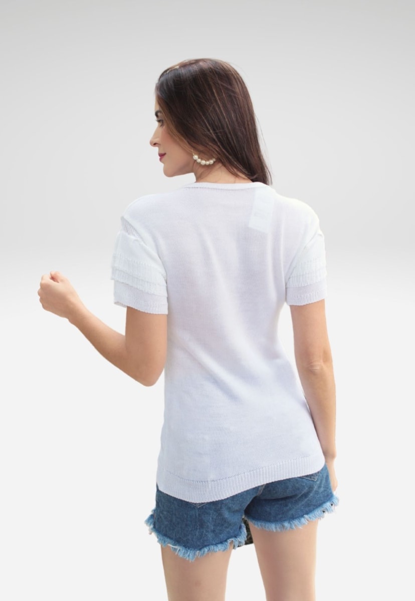 Tricô Blusa Pink tricot Manga Curta Feminina com Babado e Decote Redondo Lisa Branco