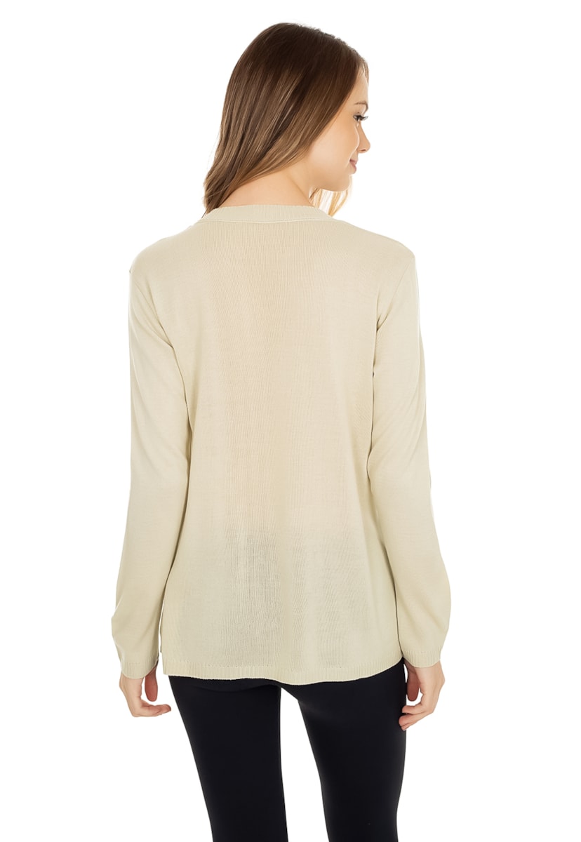 Tricô Blusa Pink Tricot Manga Longa Cacharrel Gola Redonda Feminino Bege