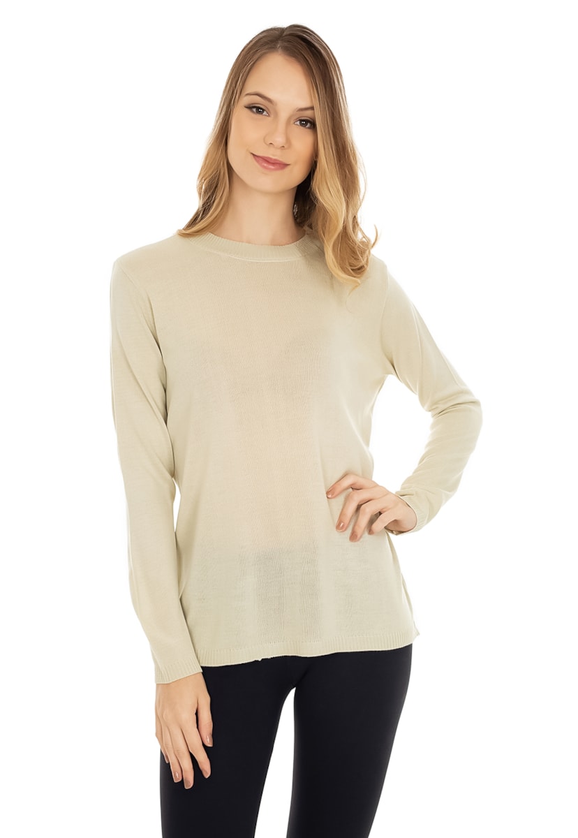 Tricô Blusa Pink Tricot Manga Longa Cacharrel Gola Redonda Feminino Bege