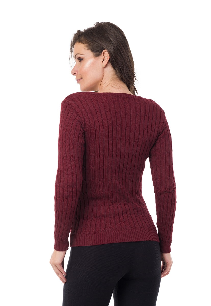 Tricô Blusa Pink Tricot Manga Longa Canelada Decote V Feminino Bordô