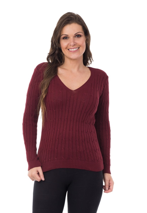 Trico Blusa Pink Tricot Manga Longa Canelada Decote V Feminino