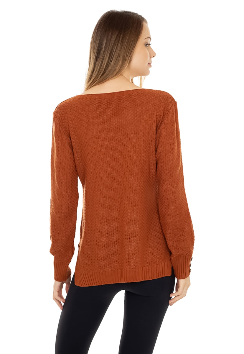 Tricô Blusa Pink Tricot Manga Longa Com Botões Feminina Ferrugem