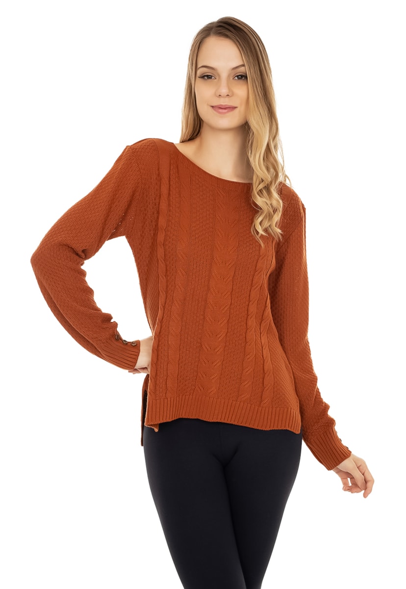 Tricô Blusa Pink Tricot Manga Longa Com Botões Feminina Ferrugem