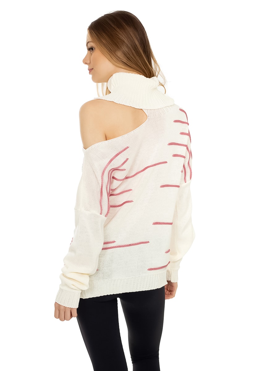 Tricô Blusa Pink Tricot Manga Longa com Gola Alta e Ombro Caído Feminino Off White com Rosa
