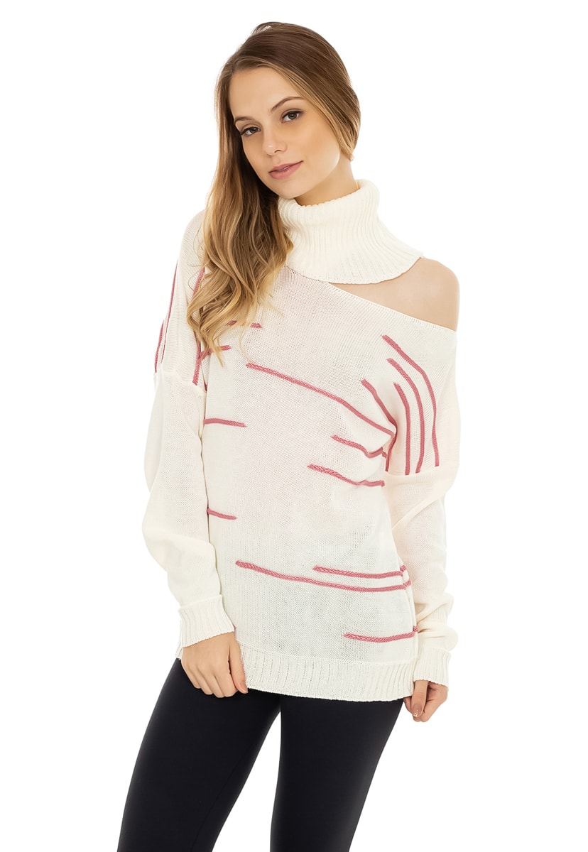 Tricô Blusa Pink Tricot Manga Longa com Gola Alta e Ombro Caído Feminino Off White com Rosa