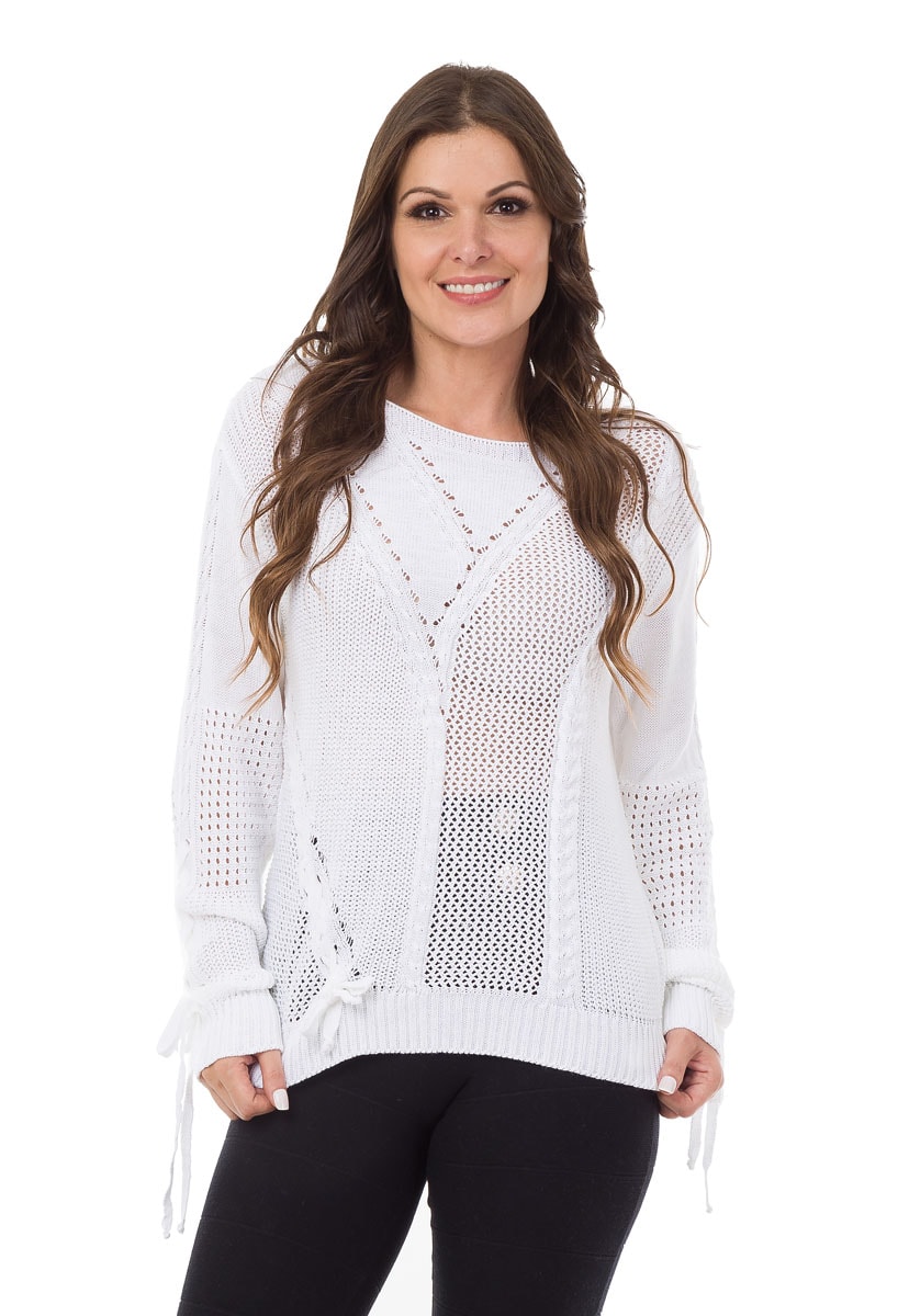 Tricô Blusa Pink Tricot Manga Longa Cordões e Tranças Feminino