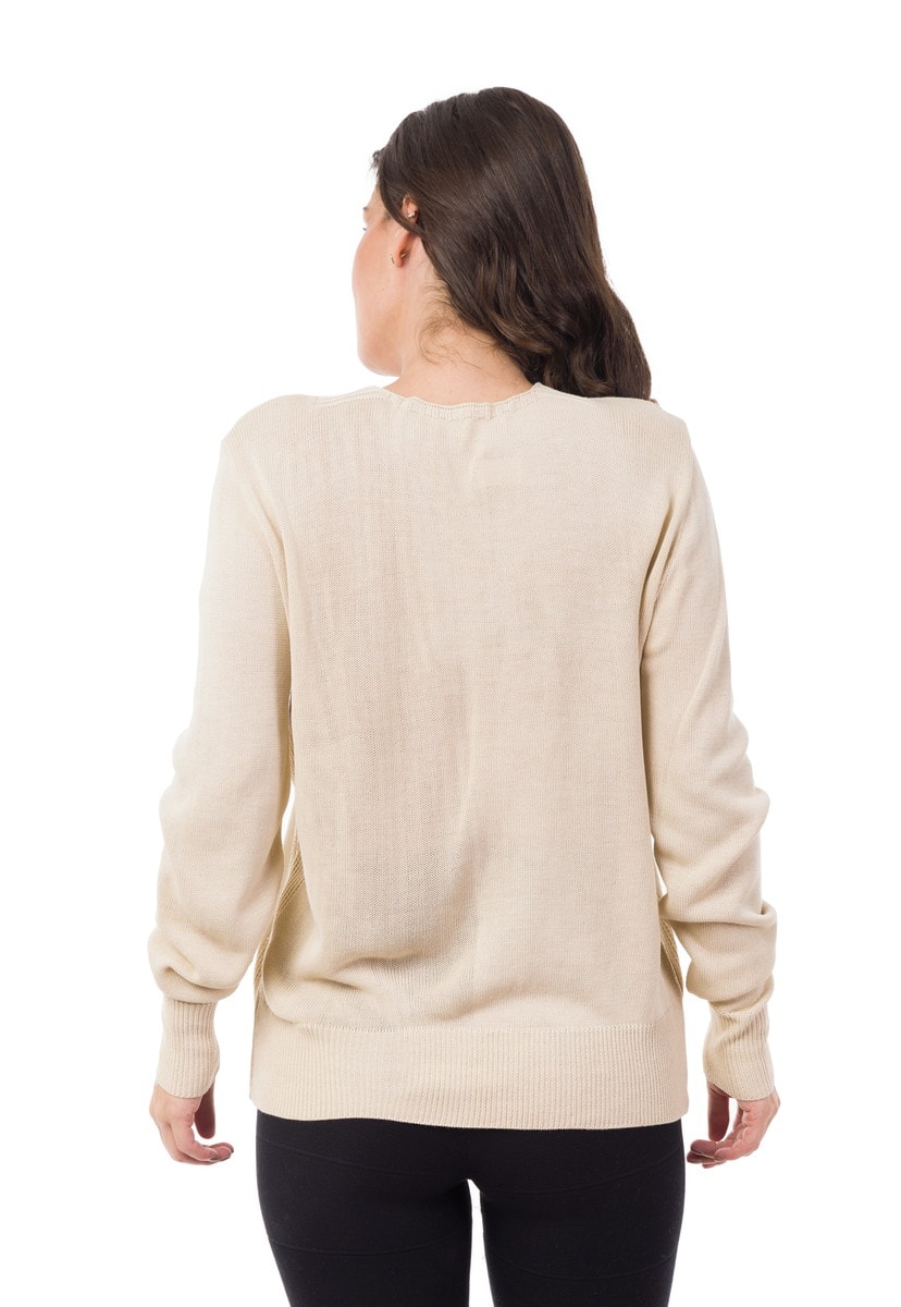 Tricô Blusa Pink Tricot Manga Longa Decote em V com Ilhós Feminino Bege