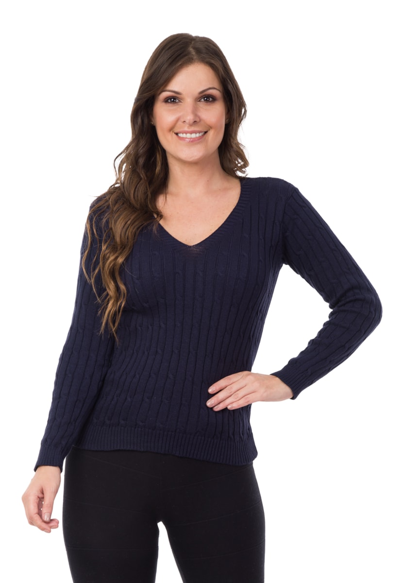 Tricô Blusa Pink Tricot Manga Longa Decote V Feminino Azul marinho