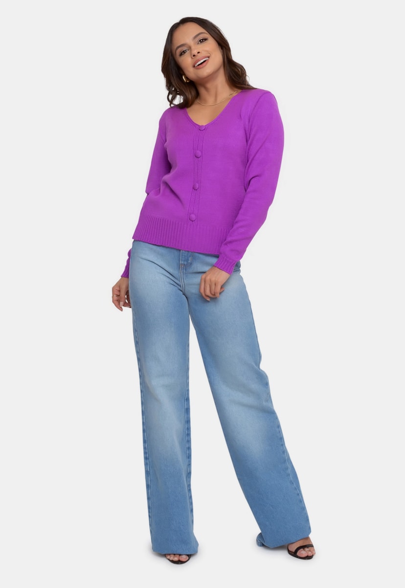 Tricô Blusa Pink Tricot Manga Longa e Decote V Feminina Violeta