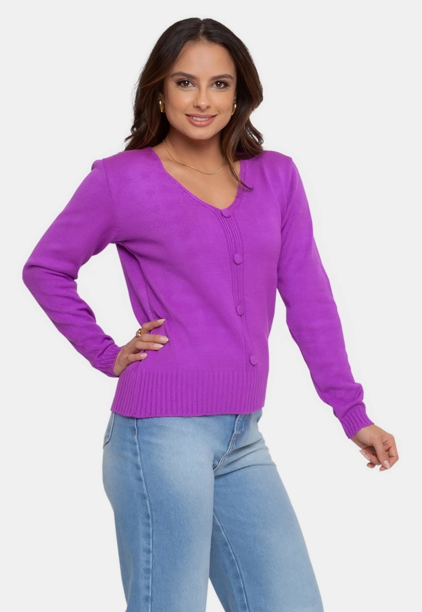 Tricô Blusa Pink Tricot Manga Longa e Decote V Feminina Violeta