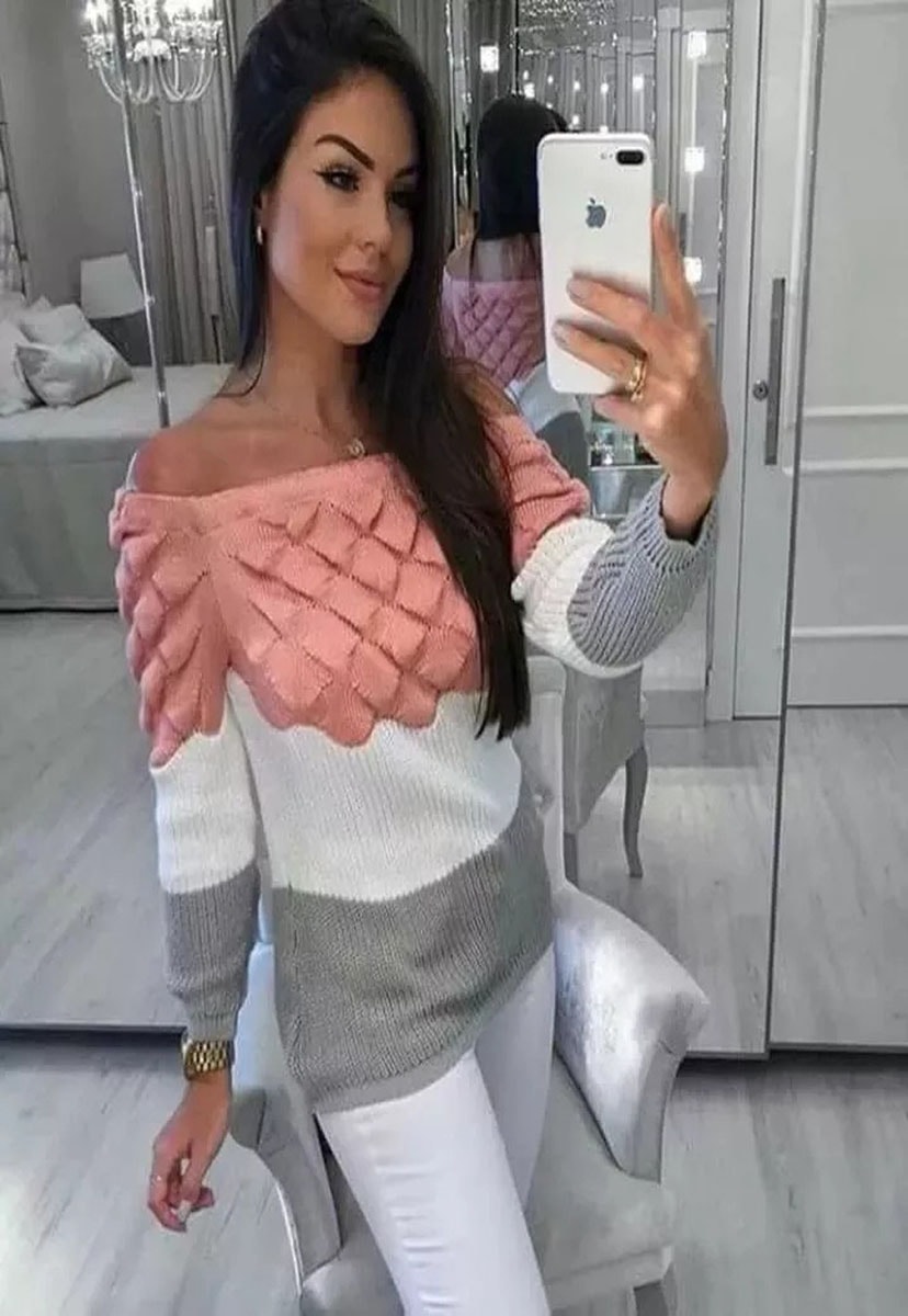 Tricô Blusa Pink Tricot Manga Longa Estampa 3d Decote Canoa Feminina Rosa Claro
