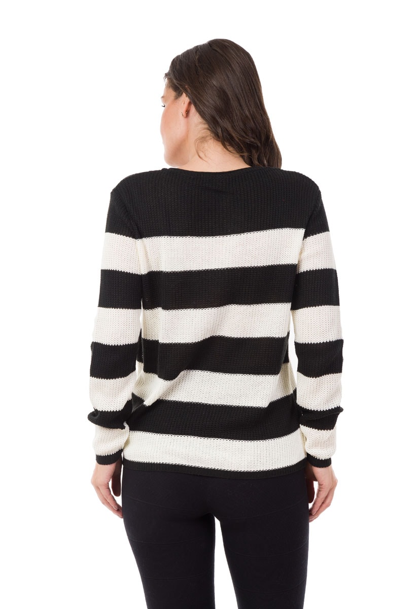 Tricô Blusa Pink Tricot Manga Longa Estampada Suéter Listrado Feminino Preto