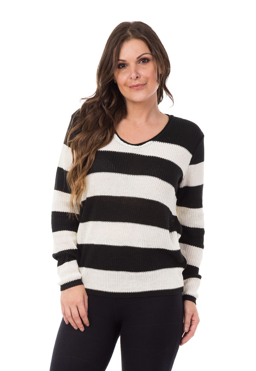 Tricô Blusa Pink Tricot Manga Longa Estampada Suéter Listrado Feminino Preto