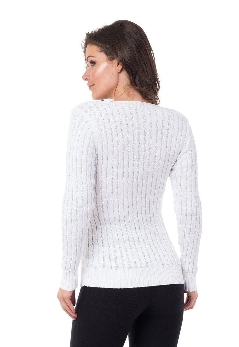 Tricô Blusa Pink Tricot Manga Longa Feminina Canelada Decote V Branco