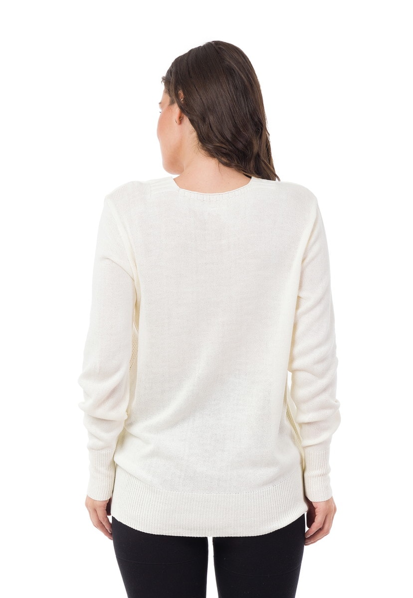Tricô Blusa Pink Tricot Manga Longa Feminina Decote em V com Ilhós Off White