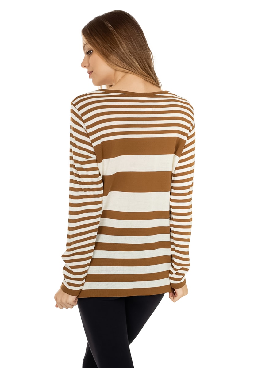 Tricô Blusa Pink Tricot Manga Longa Flamme Mullet Estampa Listrada Feminino Dourado