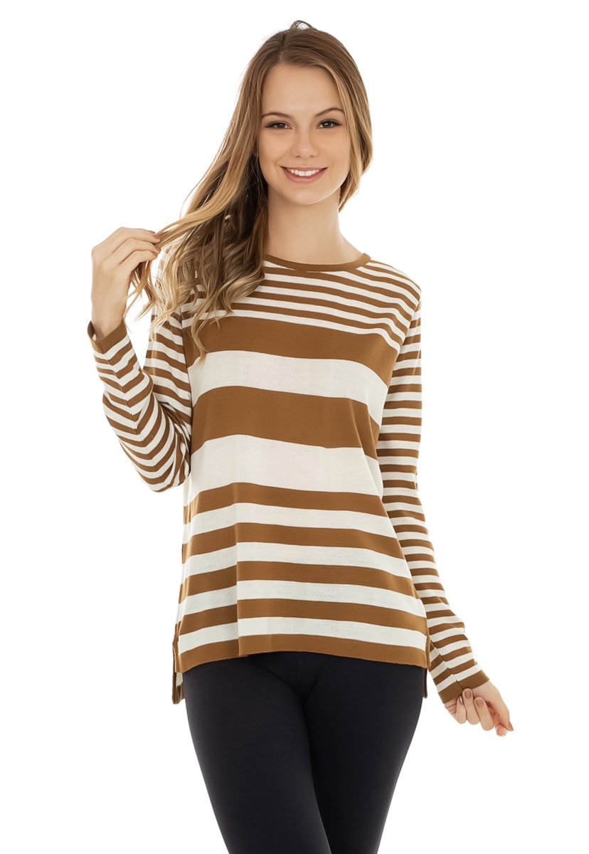 Tricô Blusa Pink Tricot Manga Longa Flamme Mullet Estampa Listrada Feminino Dourado