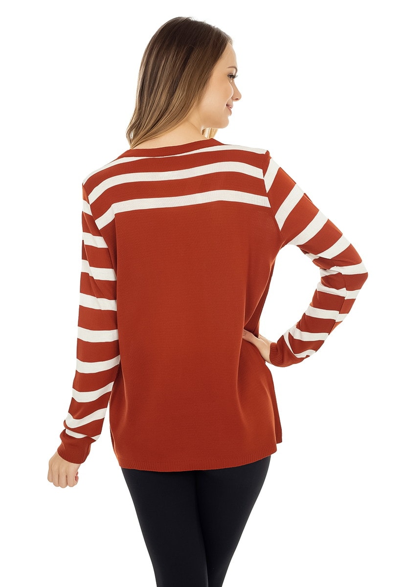 Tricô Blusa Pink Tricot Manga Longa Listrada Decote Trançado Feminino Ferrugem