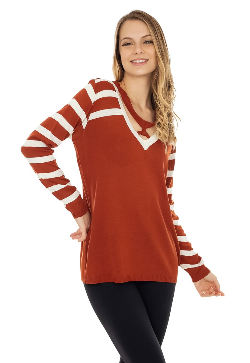 Tricô Blusa Pink Tricot Manga Longa Listrada Decote Trançado Feminino Ferrugem