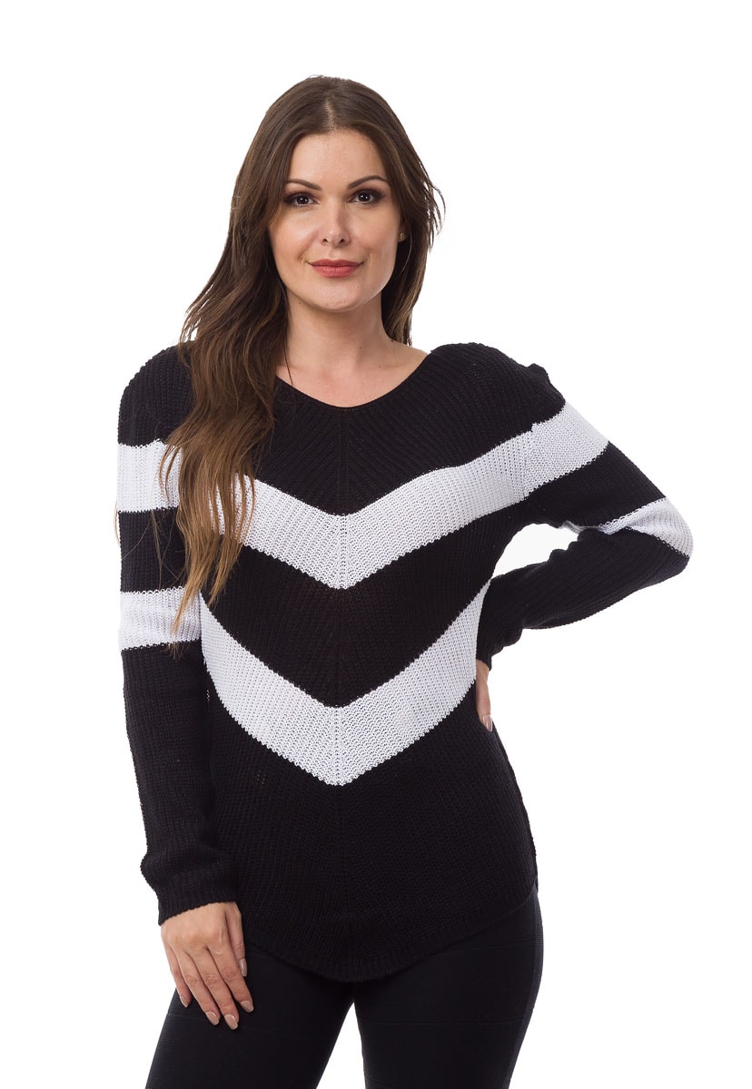 Tricô Blusa Pink Tricot Manga Longa Listrada em V Feminino Preto com Branco