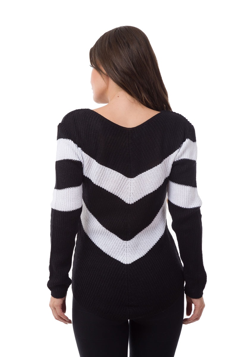 Tricô Blusa Pink Tricot Manga Longa Listrada em V Feminino Preto com Branco