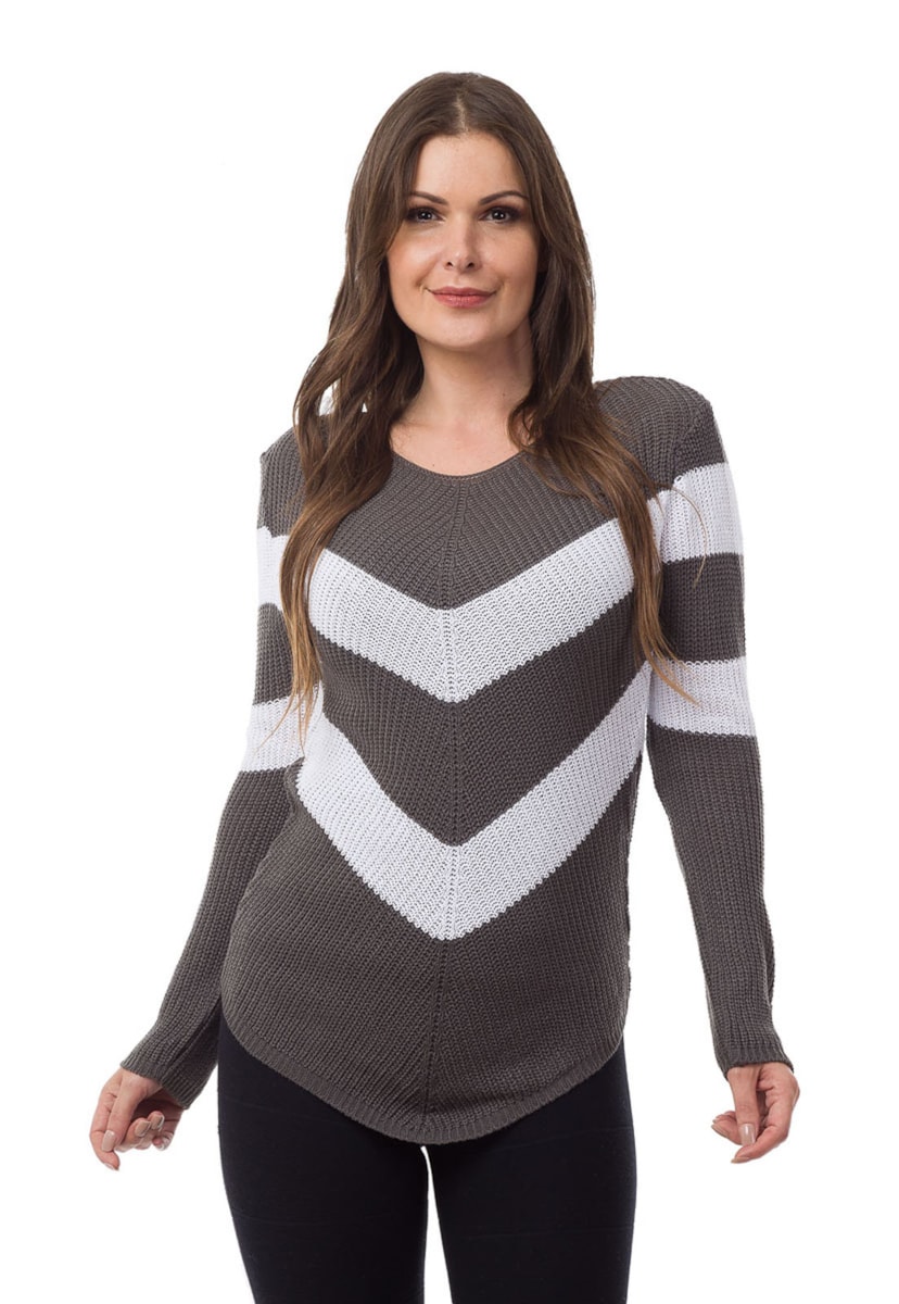 Tricô Blusa Pink Tricot Manga Longa Listras em V Feminino Grafite com Branco