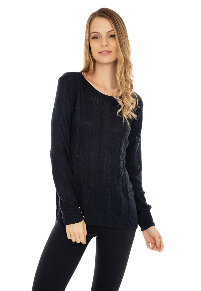 Tricô Blusa Pink Tricot Manga Longa Mullet Trançada Feminina Azul