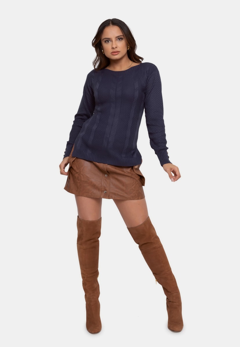 Tricô Blusa Pink Tricot Manga Longa Mullet Trançada Feminina Azul