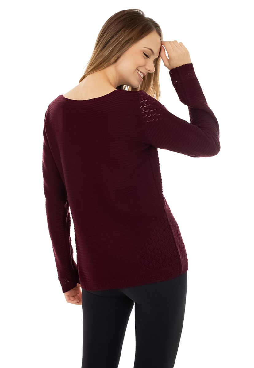 Tricô Blusa Pink Tricot Manga Longa Renda e Gola Redonda Feminina Bordô