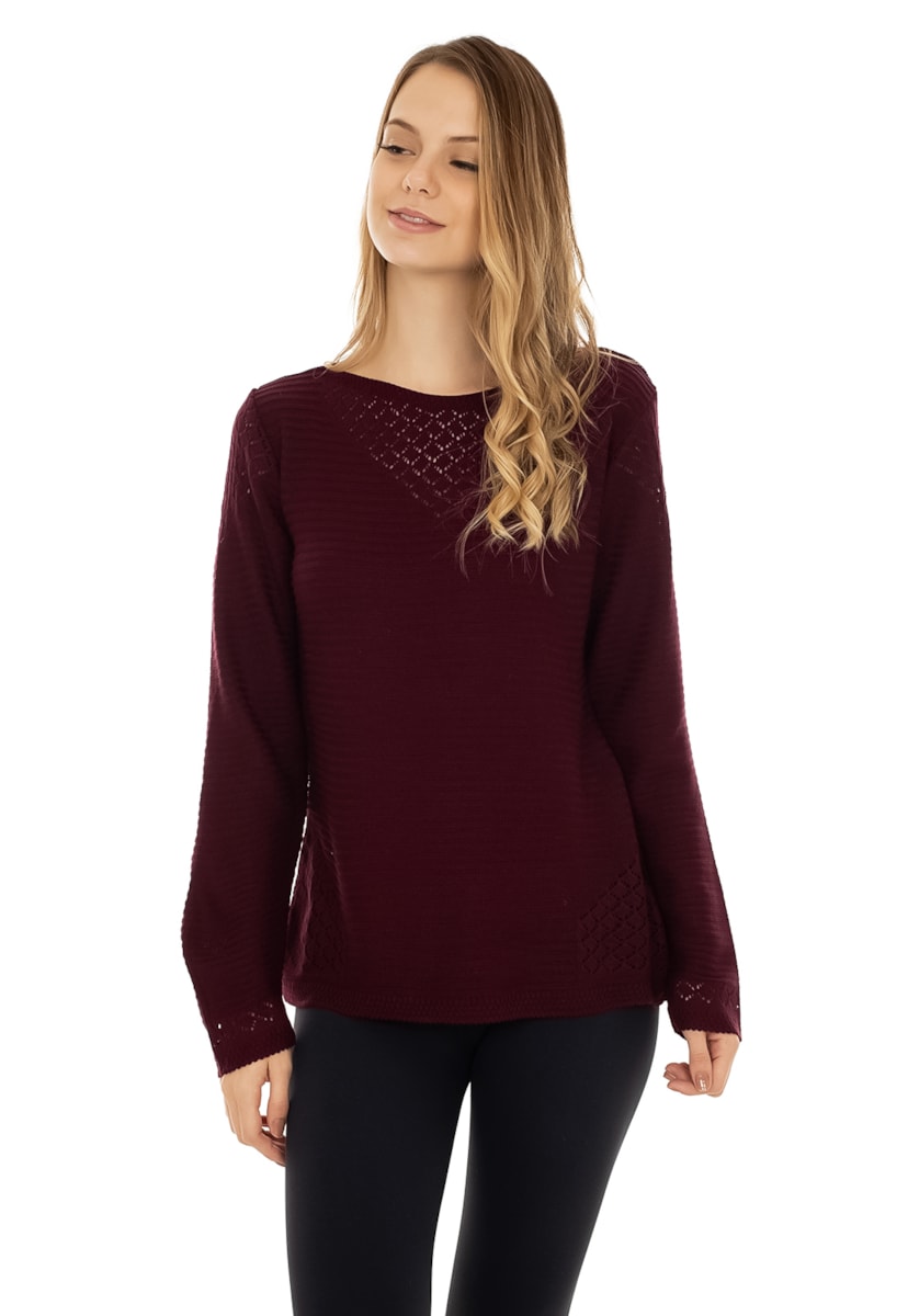 Tricô Blusa Pink Tricot Manga Longa Renda e Gola Redonda Feminina Bordô