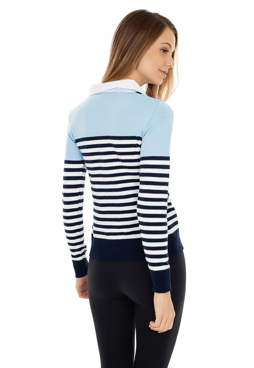 Tricô Blusa Pink Tricot Manga Longa Suéter Polo Listrado Feminino Azul Marinho com Azul Claro
