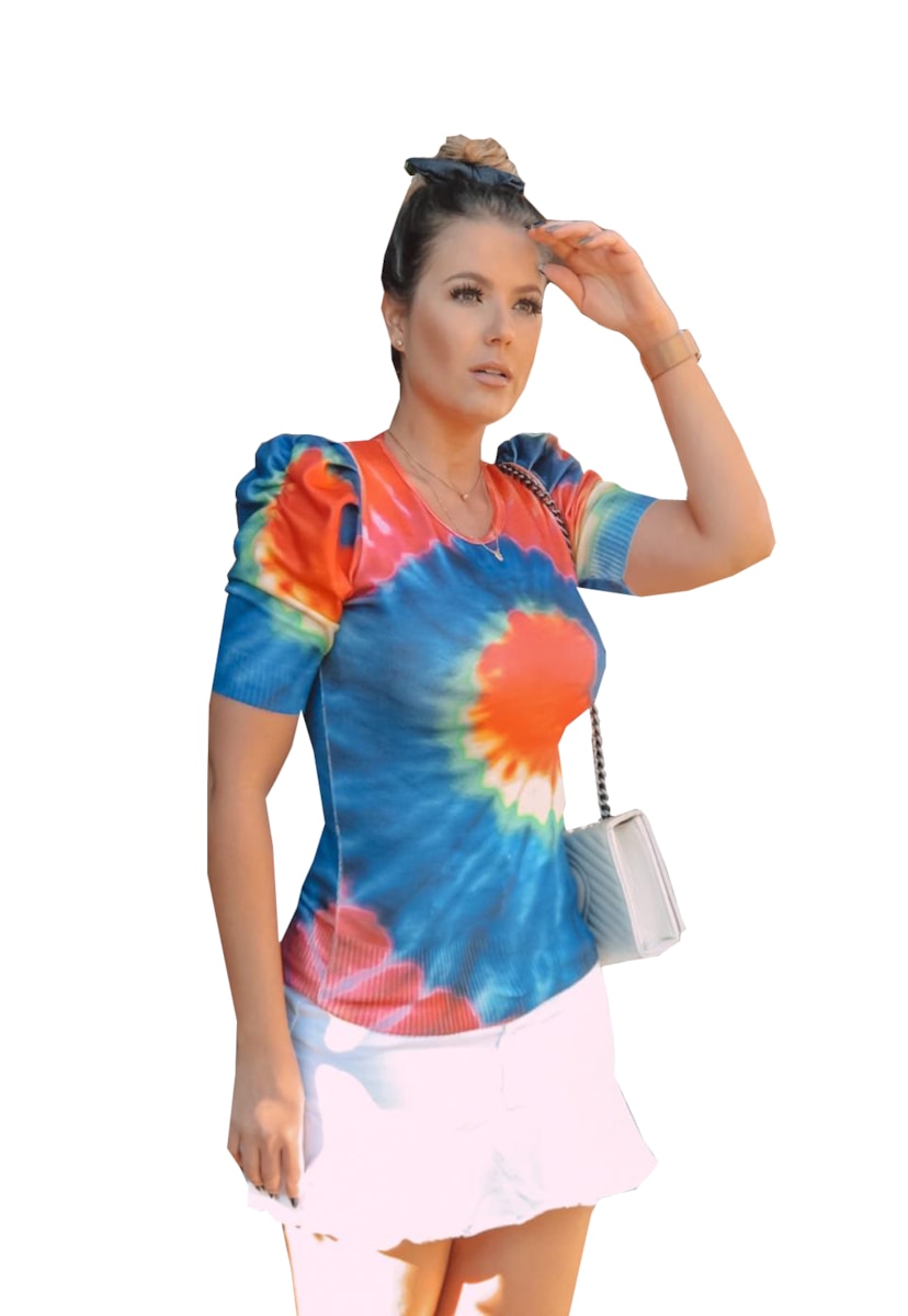 Tricô Blusa Pink Tricot Modal Com Manga Bufante E Estampa Tie Dye Azul/Laranja Feminino
