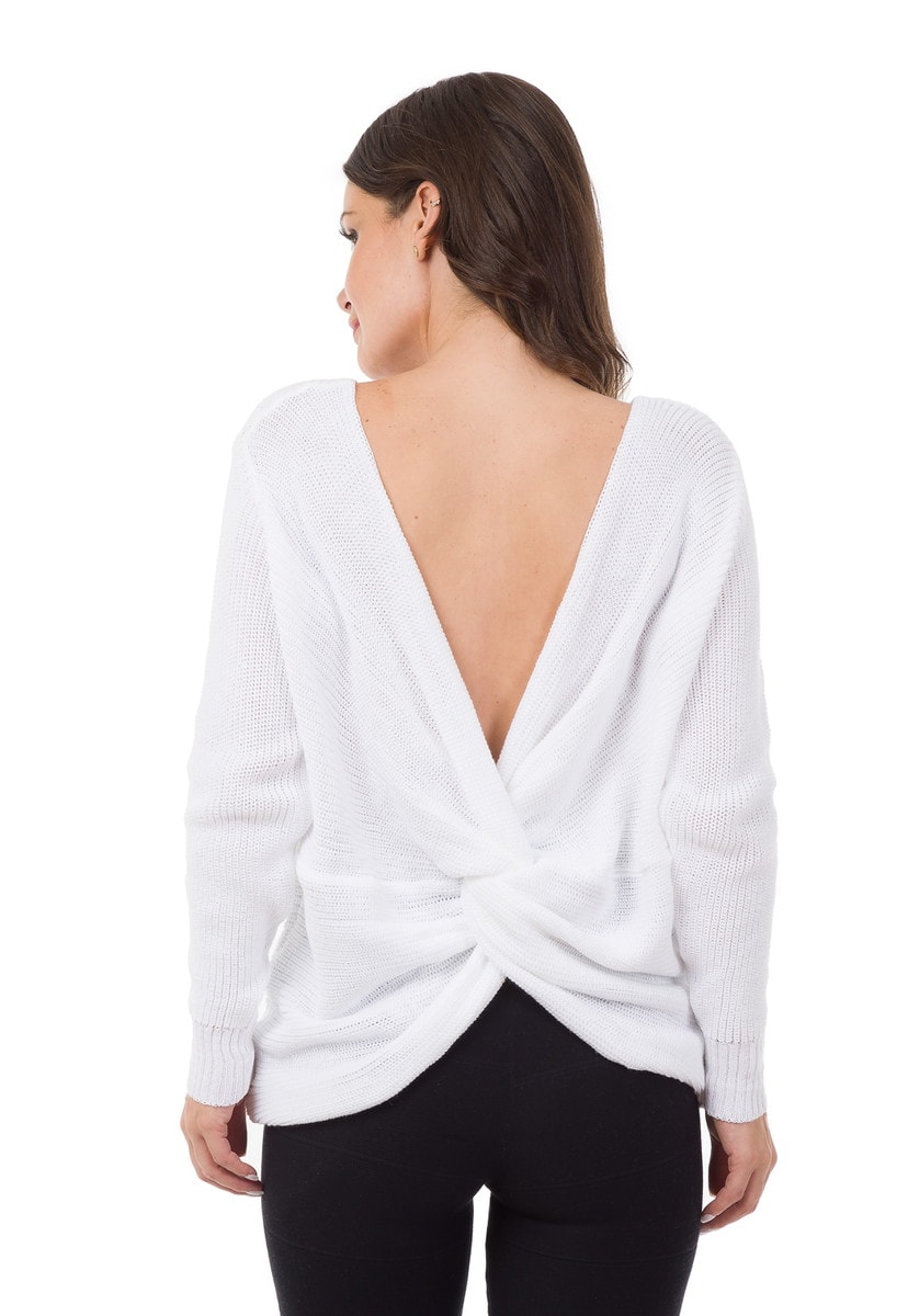 Tricô Blusa Pink Tricot Nó Frente e Costas Manga Longa Decote V Feminino Branco