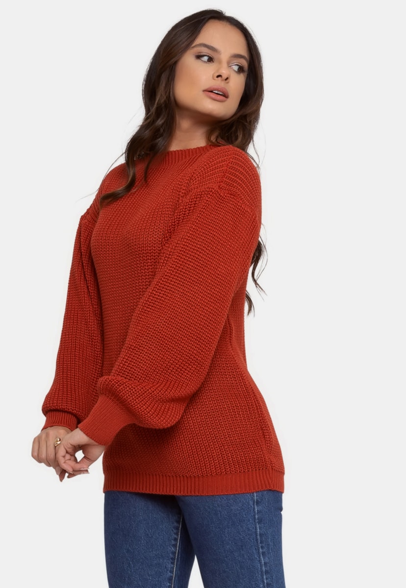 Tricô Blusa Pink Tricot Pullover Manga Balonê Feminino Ferrugem