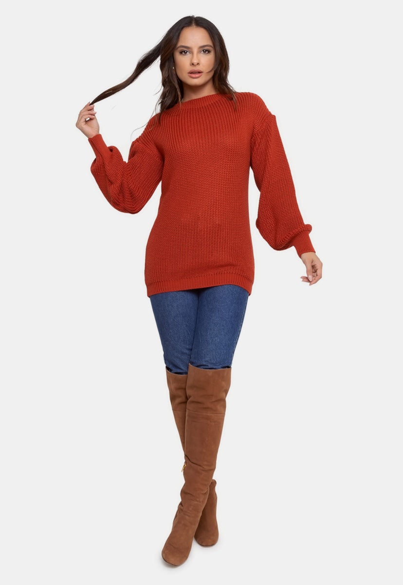 Tricô Blusa Pink Tricot Pullover Manga Balonê Feminino Ferrugem