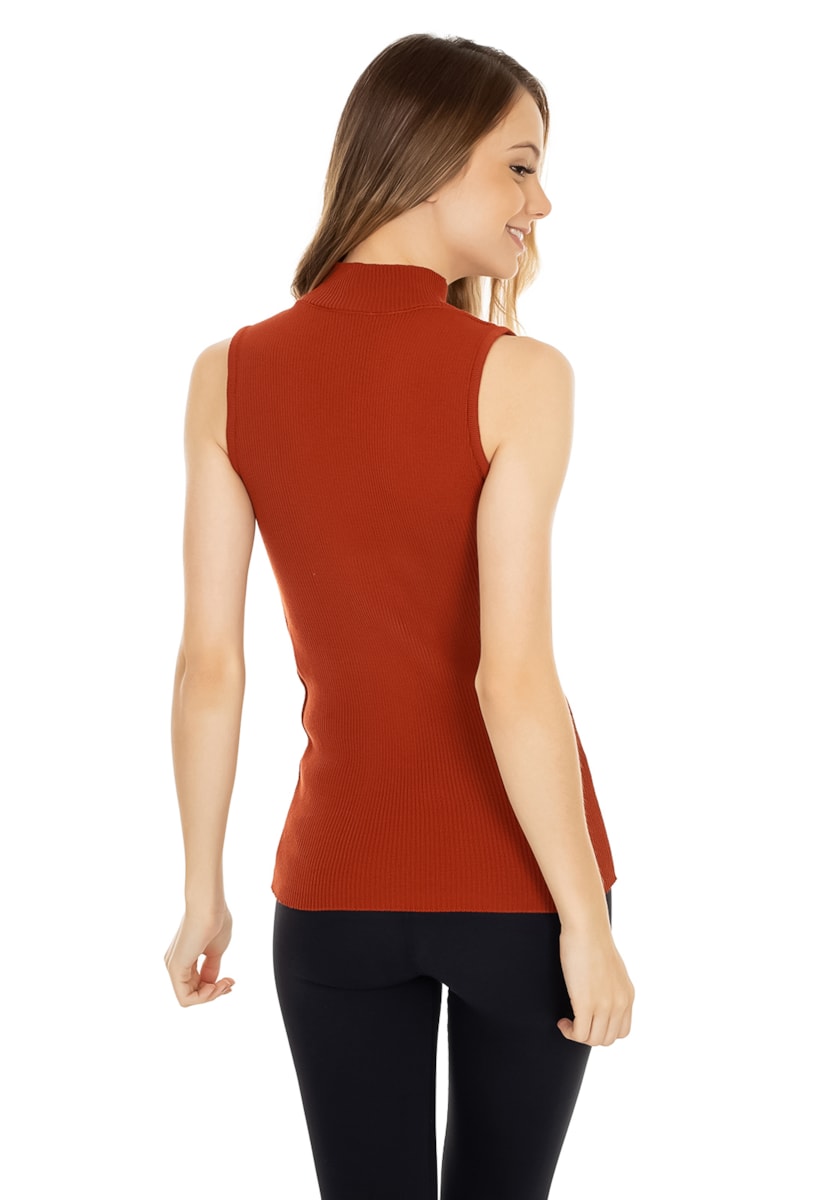 Tricô Blusa Pink Tricot Regata Feminina Canelada Gola Alta Ferrugem