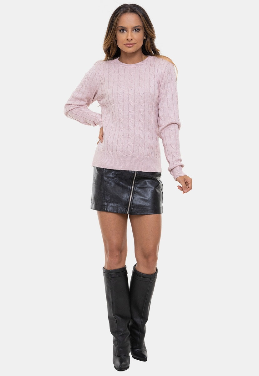 Tricô Blusa Pink Tricot Selin Gola Careca Manga Longa de Tricô em Tranças Feminino Rosa Claro