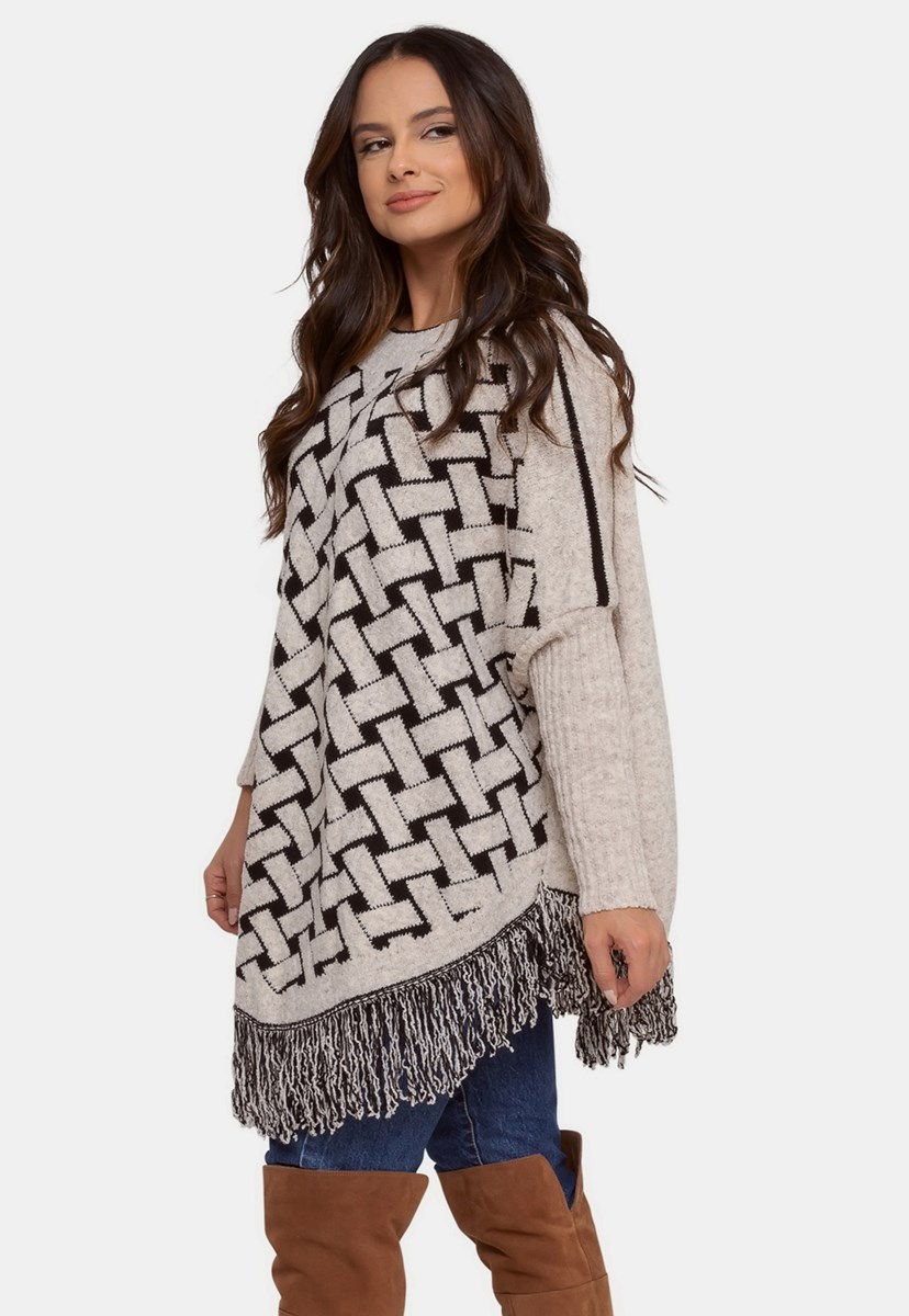 Blusa Poncho Tricot Gola Alta Xadrez Geométrico Moda Inverno