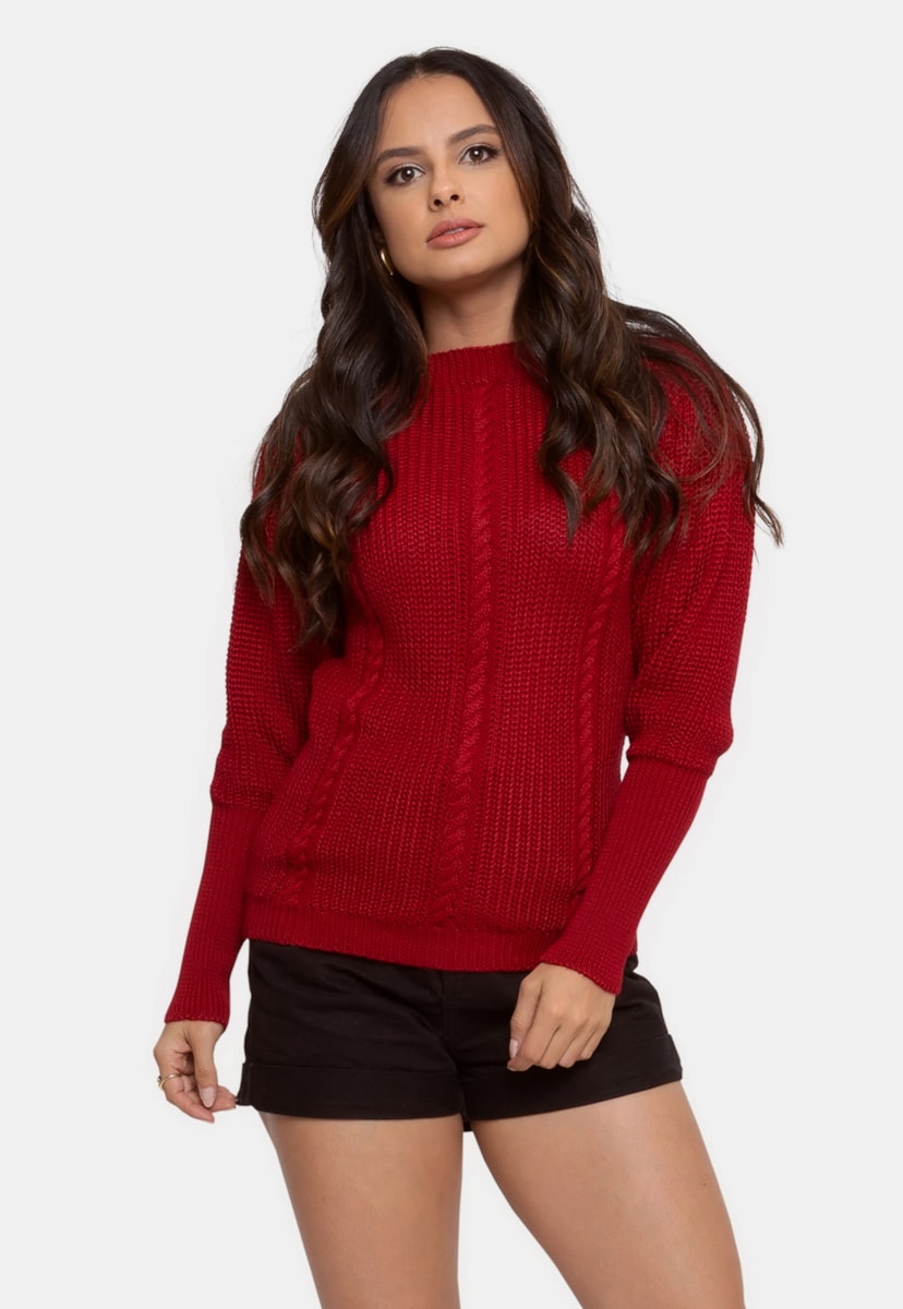 Tricô Blusa Pullover Pink Tricot Manga Bufante Feminina Vermelho