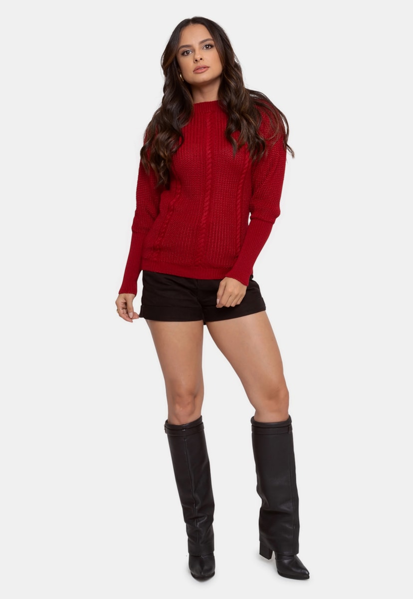 Tricô Blusa Pullover Pink Tricot Manga Bufante Feminina Vermelho
