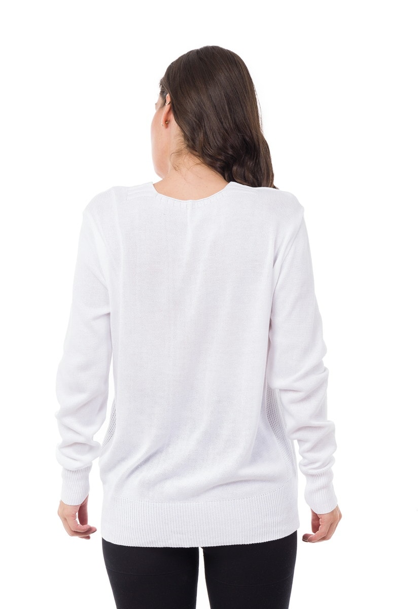Tricô Blusa Pullover Pink Tricot Manga Longa Decote V com Ilhós Feminino Branco