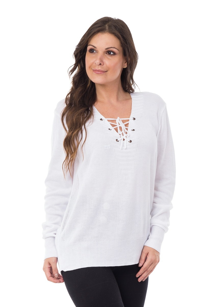 Tricô Blusa Pullover Pink Tricot Manga Longa Decote V com Ilhós Feminino Branco