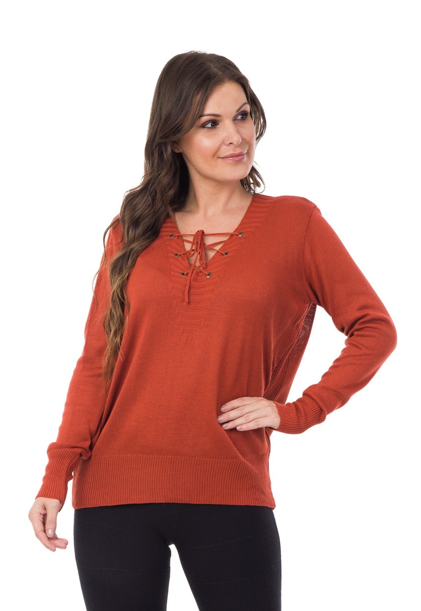 Tricô Blusa Pullover Pink Tricot Manga Longa Decote V com Ilhós Feminino Ferrugem