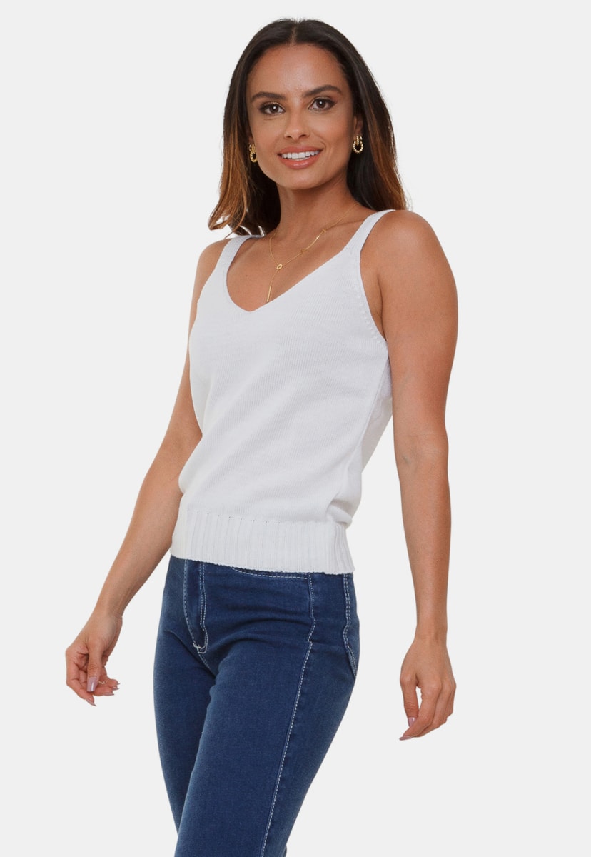 Tricô Blusa Regata Pink Tricot Alças Linha Fang Tássia Feminina Branco